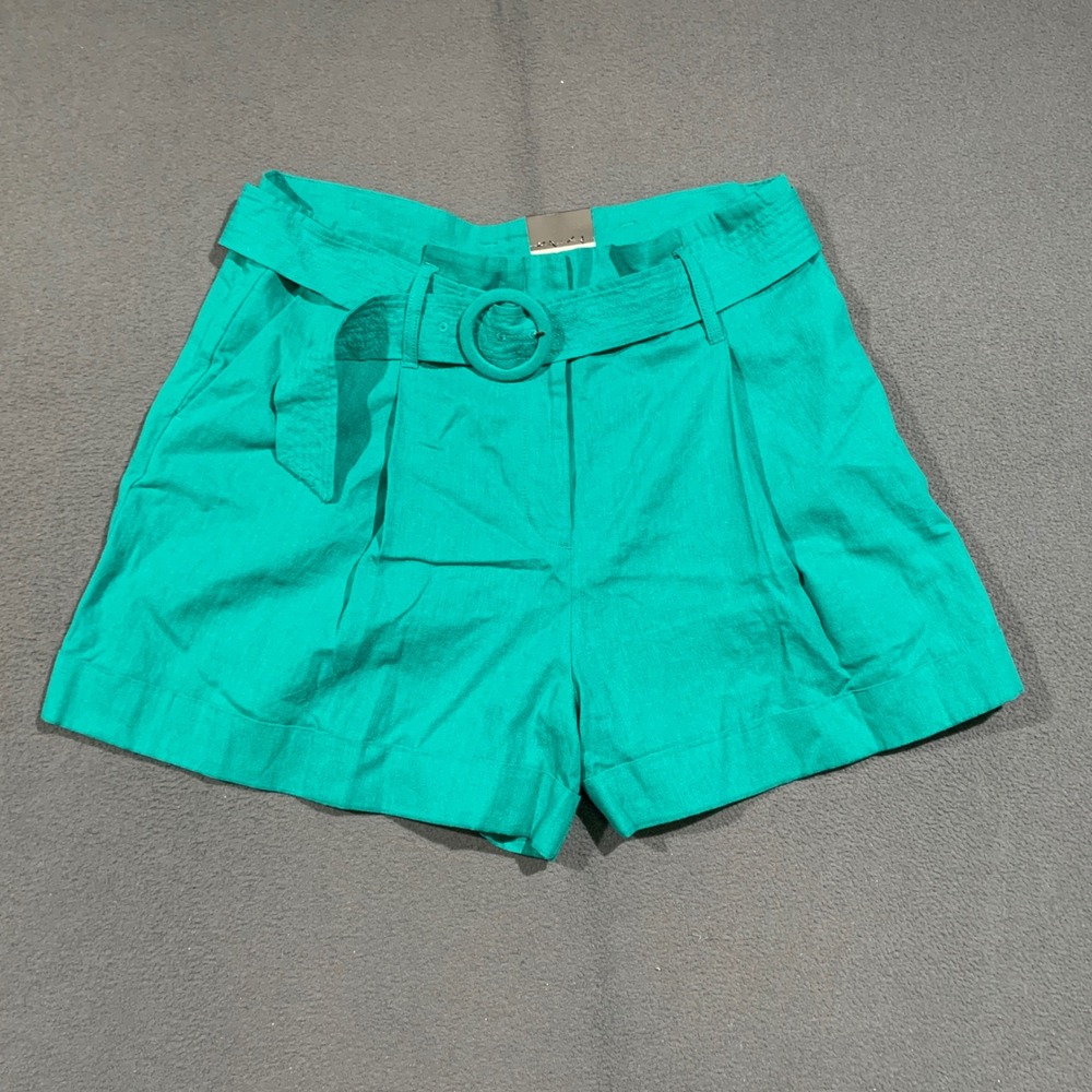 Worthington Shorts Women 16 Porcelain Green Linen Blend Belted Pleated Summer